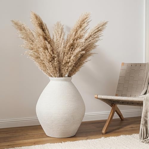 Large White Distressed Ceramic Vase, Rustic Ribbed Textured Floor Vase for Living Room Decor, Handmade Modern Farmhouse Vase for Pampas Grass (Cool-White) - Image 7