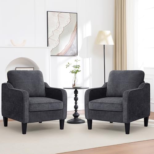Accent Chairs Set of 2, Upholstered Living Room Chairs with Side Pocket, Mid Century Modern Reading Chair for Bedroom, Comfy Armchair Single Sofa Side Chair for Office, Small Room, Dark Grey by choairy