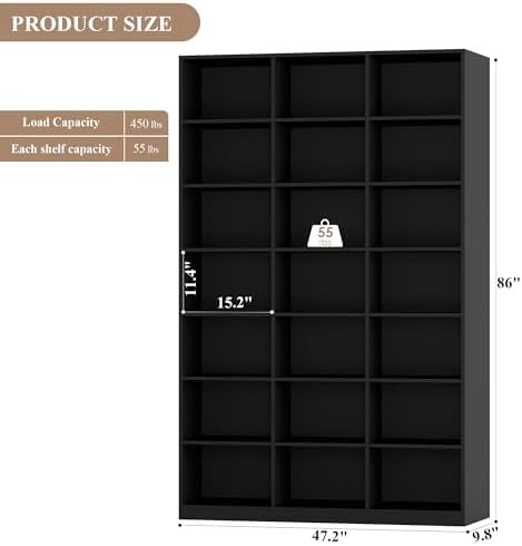 HOSTACK 86" H Triple Wide Bookshelf and Bookcase, Large Book Shelves, Black - Image 3