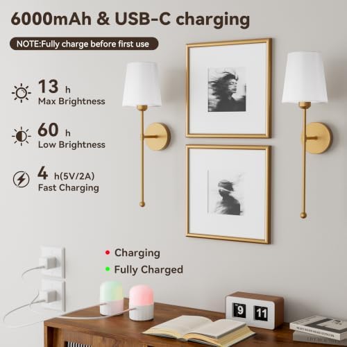 Battery Operated Wall Sconces, Gold, 2 Pack with Magnetic Bulbs,RF Remote - Image 3