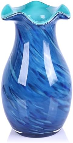 10.6in Hand Blown Blue Glass Vase – Wide Mouth Murano Bubble Art Glass Vase, Cobalt Blue Flower Vase for Coastal, Vintage, Colorful Home Decor, Vase Gift for Mom or Display (Blue) by PlivBloom