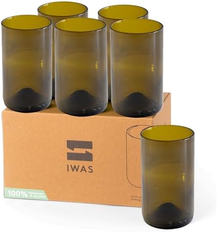 IWAS Upcycled Olive Drinking Glasses | 350 ML | 12 OZ | Set of 6 | Sustainable Water Glasses | Environmentally Friendly Dark Brown Glasses For Home by IWAS