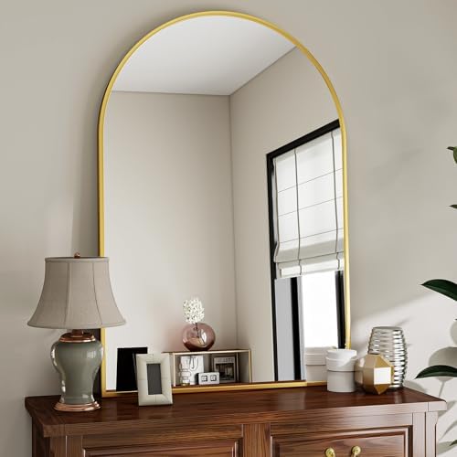 VooBang Arched Wall Mirror, 26 x 41 inch Arch Bathroom Mirror, Wall Mounted Vanity Mirror with Arch Metal Frame, Modern Bathroom Vanity Mirror for Bedroom, Living Room, Hanging or Leaning, Gold by VooBang