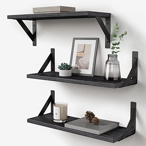 Forbena Black Floating Shelves Bathroom Set of 3, Wooden Wall Book Shelves, Rustic Shelf for Storage, Bathroom Organizer, Living Room, Kitchen, Office (Black) by Forbena