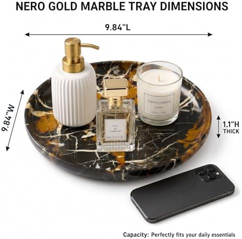 YKAJO Black Gold Round Marble Tray, 10" Deep Catchall Vanity Organizer Dish - Image 3