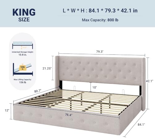 Allewie King Size Lift Up Storage Button-Tufted Bed Frame Light Beige - Image 2