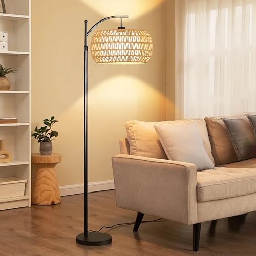 Arc Floor Lamps for Living Room Rattan Boho Floor Lamp with Remote Control,Dimmable LED Floor Lamps Wicker Lamp Shades Black Standing Lamp with 3 Color Temperature Tall Floor Lamp For Bedroom Corner - Image 6