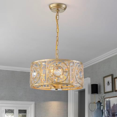 Vintage Crystal Round Chandelier 14.17" Gold Dining Room Chandelier Over Table 4-Lights Classic Drum Pendant Light Fixture for Living Room Kitchen Island Entryway. by Zicbol