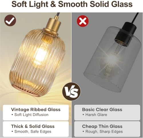 2 Pack Amber Cylinder Pendant Lights Kitchen Island with Ribbed Lampshade, Brushed Gold Hanging Light Fixture, Adjustable Pendant Lighting for Kitchen Island Sink Dining Room (Bulbs Not Included) - Image 6