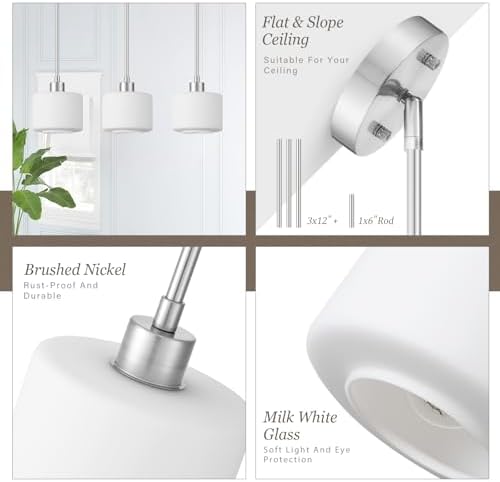 Brushed Nickel Pendant Lights Kitchen Island, 1-Light Modern Milk Glass Hanging Light Fixtures with Rods, Mini Kitchen Pendant Lighting Over Island for Sink Bathroom, OS-YQ8153-1PBN - Image 2