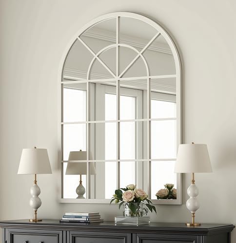 Dewfig Arched Wall Mirror, 42"x30" Metal Frame Windowpane Mirror, White by YourSpacePerfectlyReflected