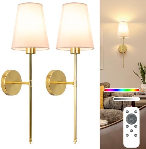 NIORSUN 25.4 inch Battery Operated Wall Sconce Set of 2,Gold Rechargeable Wall Lights with 10400mAh Dimmable Detachable Bulbs and Remote,9 Colors Wireless Sconces for Bedroom Living Room Hallway by NIORSUN