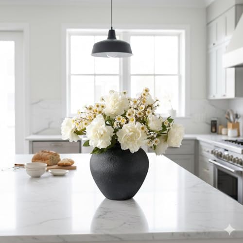 SilkSerenade Large Black Round Vase for Flowers & Table Centerpieces - 11 Inch Rustic Textured Earthy Stone Look, Matte Big Vessel Decorative Arina Modern Farmhouse Wabi Sabi Decor Living Dining Room - Image 7