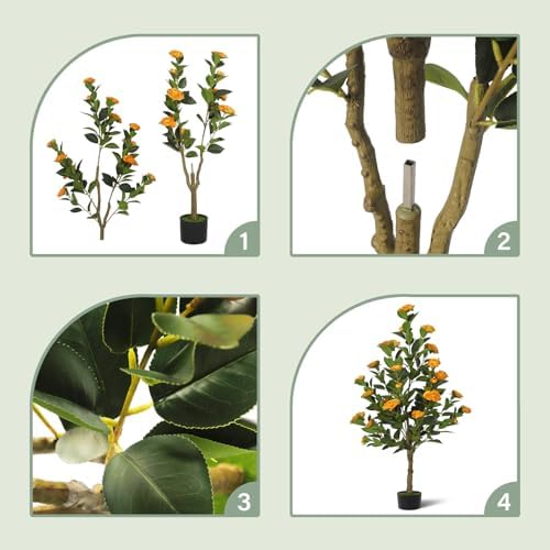 2-Pack 4FT Artificial Camellia Tree,Realistic Fake Potted Plants with Flowers&Planters,Indoor/Outdoor Faux Flowering Trees for Home,Office,Porch,Wedding,and Housewarming Gift Decor,Orange - Image 4