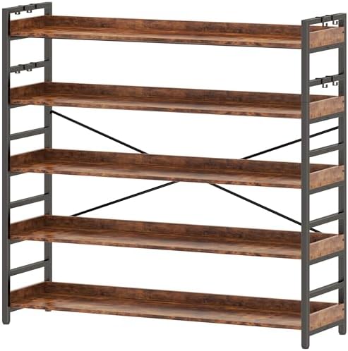 HCHQHS 5 Tier Bookshelf, Adjustable Industrial Bookcase, Vertical Tall Book Shelf, Wood and Black Metal Open Bookshelves for Home Office, Living Room, Bedroom by HCHQHS