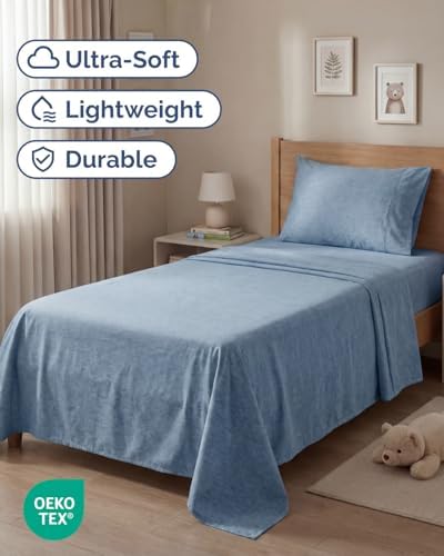 Twin Size 3 Piece Sheet Set - Breathable & Cooling Sheets - Heathered Blue - Image 2