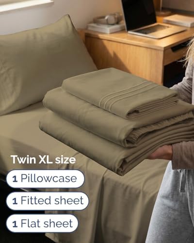 Twin XL 3 Piece Sheet Set - College Dorm Room Essentials - Khaki - Image 3