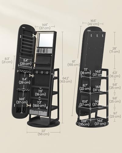 SONGMICS LED Jewelry Cabinet, 360° Swivel, Lockable, Full-Length Mirror - Image 6