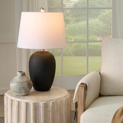 Nourison Home 23" Black Vintage Distressed Ceramic Pot Table Lamp for Bedroom, Living Room, End Table, with White Tapered Drum Shade - Image 5
