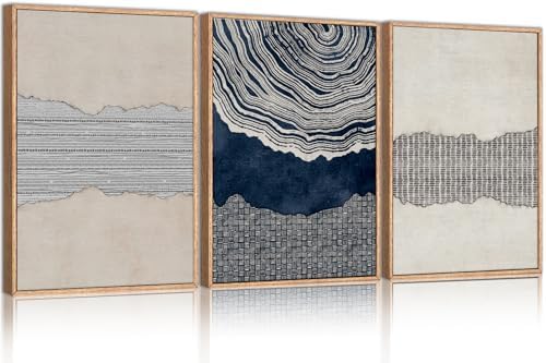 LHIUEM Large Abstract Navy Blue Beige Framed Canvas Wall Art,Modern Tree Rings Shapes Wall Decor,Neutral Retro Wooden Artwork for Living Room,Bedroom,Dining Room,Office -24"x36"x3 by LHIUEM