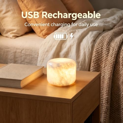 Natural Marble Table Lamp, Cordless Rechargeable Pat Control Night Light, Dimmable Warm Glow Stone Lamp for Bedroom Bedside Table Desk Shelf, Home Decor Gift - Image 6