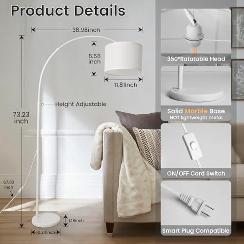 White Arc Floor Lamp, Modern Standing Lamp with Marble Base - Image 2
