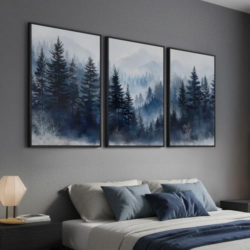 Framed Blue Foggy Forest Mountain Wall Art for Living Room, 3 Piece, 24x36 - Image 2