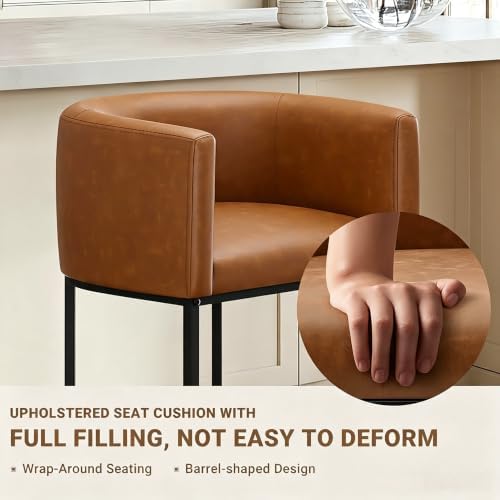 26" H Counter Height Bar Stools Set of 1, Modern Barrel Counter Stools with Backrest and Arms, Faux Leather Upholstered Accent Barstools for Kitchen Island,Support 450 LBS (Walnut Brown - Image 5