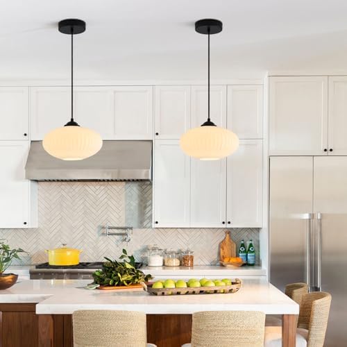 KCO 2 Pack Matte Black Lantern Pendant Light with 9.8” White Ribbed Glass - Image 6
