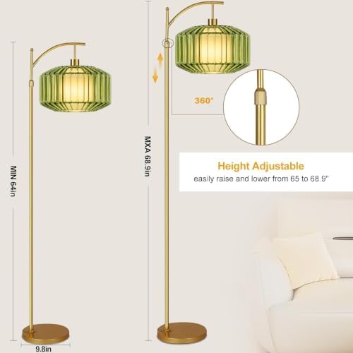Arc Floor Lamp For Living Room,Bedroom,Gold Vintage Remote Dimmable Standing Lamps With Green Drum Glass&Fabric Shade,LED Tall Floor Light For Office,Modern Boho Farmhouse Cute Corner MCM Lamp - Image 6