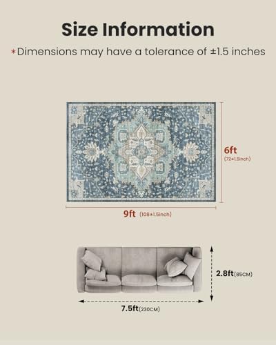 Amada 6x9 Washable Area Rug for Dining Room, Blue/Yellow, Vintage Pattern - Image 2