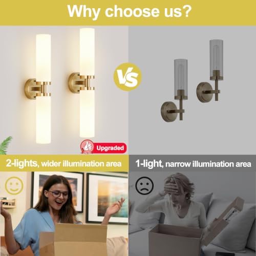 Wall Sconces Set of Two, Hardwired Brushed Gold Bathroom Sconces Wall Lighting with Milky White Glass, Modern Sconces Wall Decor Set of 2 Bathroom Light Fixtures for Mirror Living Room Hallway Bedroom - Image 7