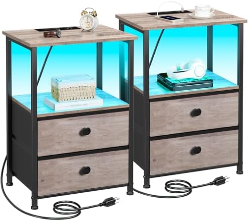 LOAKEKEL Nightstands Set of 2, LED Night Stand with Charging Station by LOAKEKEL