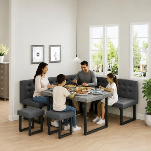 XIAO WEI Corner Dining Table Set for Small Spaces, 72 Inch Breakfast Nook with Storage Banquette, 5 Piece Dining Set with Upholstered Bench, Modern Grey - Image 3