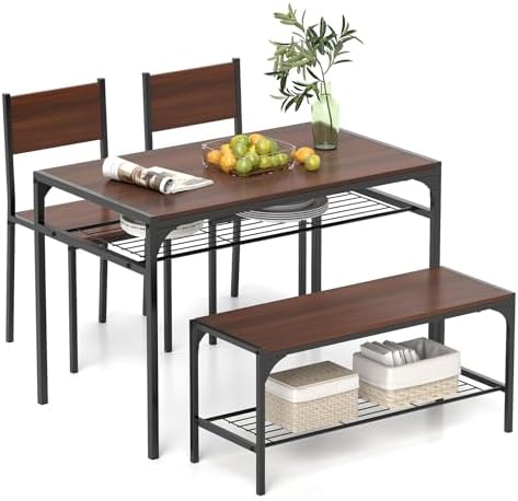 Giantex Dining Table Set for 4, Kitchen Table with Chairs & Bench, Storage Racks, Metal Frame, 4-Piece Space-Saving Dinette Set for Dining Room, Breakfast Nook, Small Space, Apartment, Walnut by Giantex