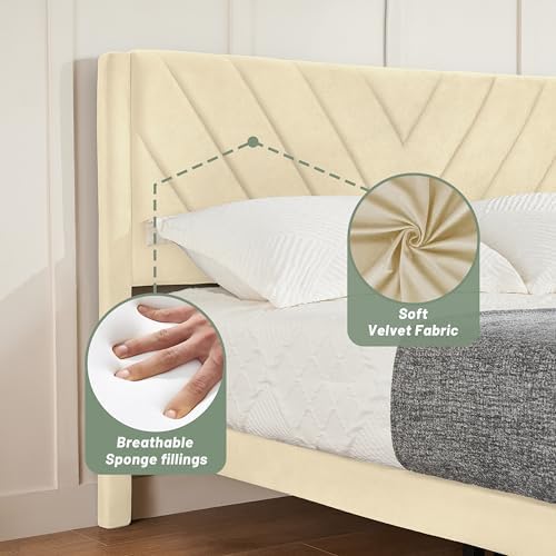 Full Size Platform Bed Frame with Velvet Headboard, Wing Edge, Sturdy Wooden Slats, Noise-Free, No Box Spring Needed, Easy Assembly, Beige - Image 6