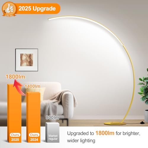 RGB Floor Lamp with 3 Color Temperatures, Ultra Bright 1800LM Smart Arc LED Floor Lamp with Remote Control, Music Sync, Scene Modes, Modern Standing Tall Lamp for Bedroom Living Room Gaming Rooms-Gold - Image 4
