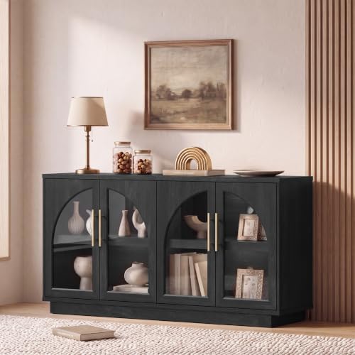 Fatmok 59" Arched Glass Sideboard Buffet Display Cabinet,Grey Black Oak by Fatmok