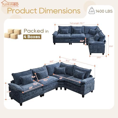 URRED Oversized Modular Sectional Sofa，Blue：116" V Shaped - Image 2