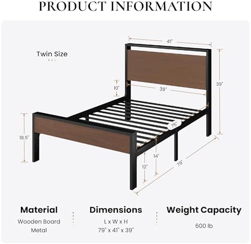SHA CERLIN 14 Inch Twin Size Metal Platform Bed Frame with Wooden Headboard and Footboard, Mattress Foundation, No Box Spring Needed, Large Under Bed Storage, Heavy Duty Slats Support, Walnut - Image 2