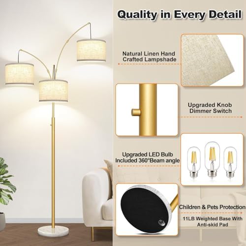 Dimmable Floor Lamp - 3 Lights Gold Arc Floor Lamps for Living Room, 1000LM Modern Tall Standing Lamp with White Shade&Marble Base, Mid Century Tree Floor Lamp for Bedroom Office, 3 LED Bulbs Included - Image 4