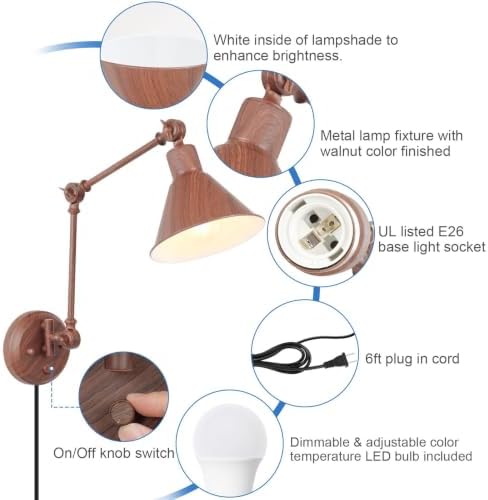 TRLIFE Dimmable Wall Sconce, Remote Control Plug in Wall Sconce Dimming 10%-100% and Adjustable Color Temperature 2700K-6000K, Swing Arm Wall Lights with Plug in Cord, UL Listed(2 Pack, Walnut Color) - Image 5