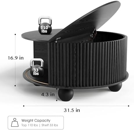JOINICE 31.5" Round Coffee Table with Storage,Unique Bun Feet,Black - Image 2