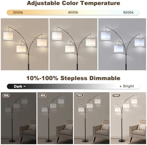 Netin 3 Light Arc Floor Lamps for Living Room, Large Floor Lamp with Remote Control, Modern 80" Tall Standing Lamp, 3 Color Temperature, Mid Century Tree Floor Lamp for Bedroom, Office - Image 3