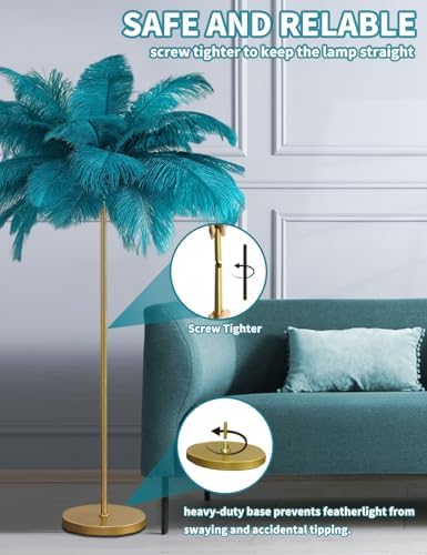 Feather Floor Lamp,Fluffy Ostrich Feather Floor Lamp for Bedroom,3 Color Temperatures Led Corner Modern Floor Lamps for Living Room Christmas Home Decor House Warming Gifts,63″ Height (Peacock Blue) - Image 6