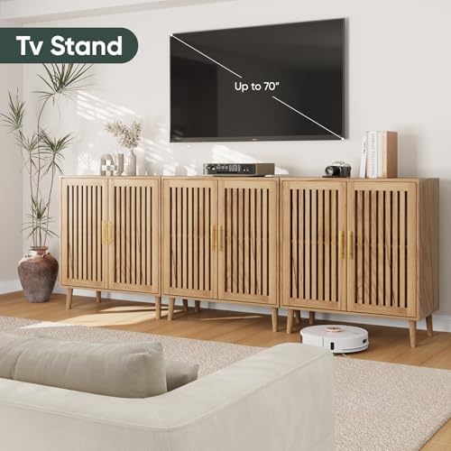 Smart FENDEE Sideboard Cabinet, 31.5" W Farmhouse Buffet Cabinet with Slatted Doors & Adjustable Shelf, Wooden Coffee Bar Storage Station for Kitchen, Dining Room, Living Room, Entryway, Natural - Image 6