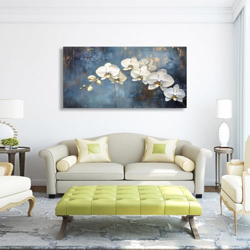 Abstract White Butterfly Orchid Canvas Wall Art for Living room Office Bedroom Flowers Wall Art Print Oil Paintings Modern Blue Gold Rain Mist Pictures Wall Decor Artwork Ready to Hang - 28in * 57inch - Image 2