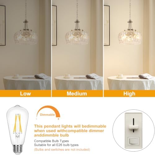 Modern Pendant Lights Kitchen Island, 3-Light Brushed Nickel Pendant Light Fixtures with 14.2" Clear Hammered Glass Shade, Hanging Pendant Lights Fixture for Kitchen Island Dining Room Foyer Entryway - Image 6