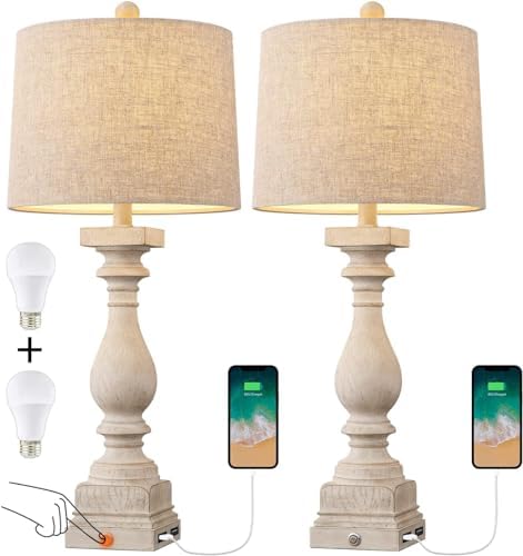 BOBOMOMO 27" Farmhouse 3-Way Dimmable Touch Control Table Lamp Set of 2 with USB A &USB C Charging Ports for Bedroom Living Room Vintage Rustic Traditional Nightstand Bedside Lamps (2 Bulbs Included) - Image 6