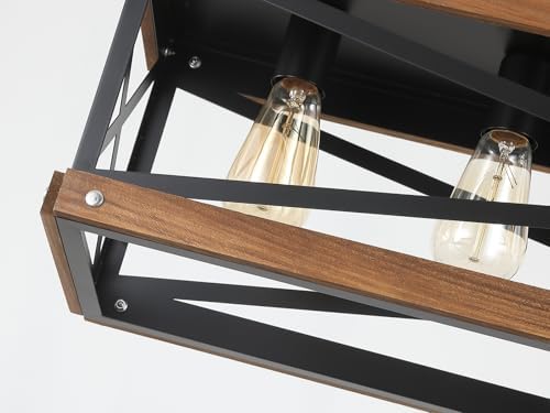 Rustic Farmhouse Wood Kitchen Island Lighting, 6 Lights Rectangular Pendant Light Fixture, Adjustable Chain Oak Wood and Metal Linear Chandelier for Dining Room Kitchen Island Farmhouse, Black - Image 6